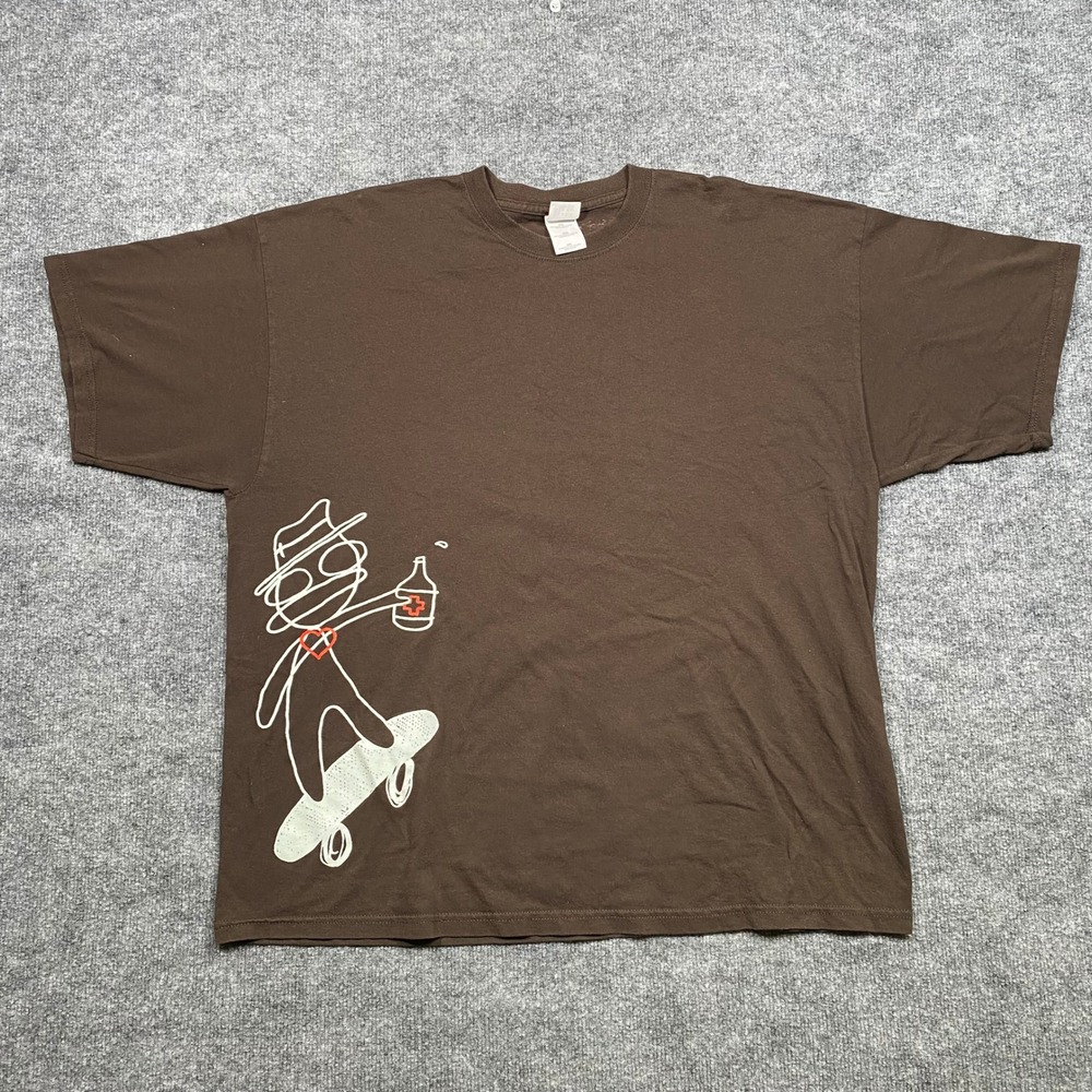 Plus‎ Skateshop Brown Graphic T-Shirt Mens 2XL Skateboarder Bottle Print Tee